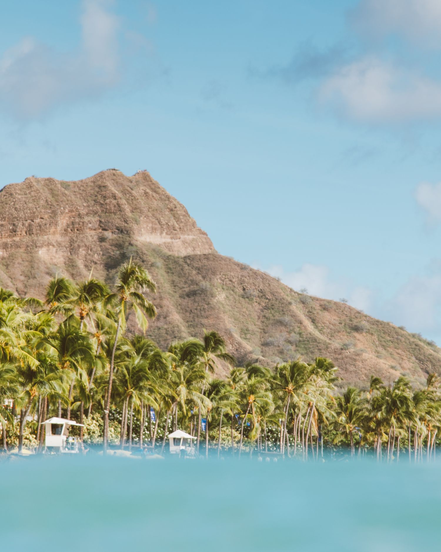 Palm trees below Diamond Head on Oʻahu, seen from the water